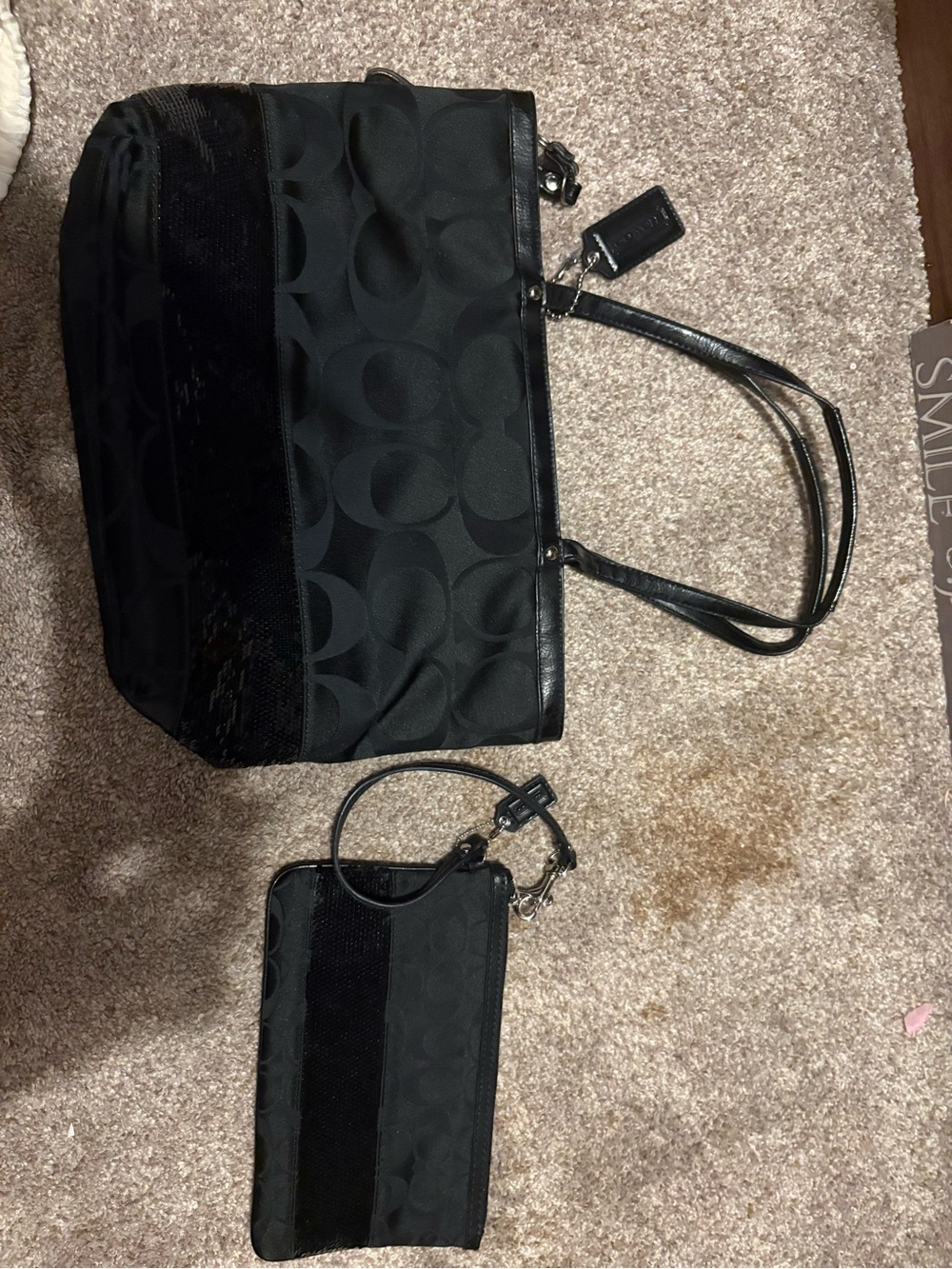 Coach Black Signature Tote with Matching Wristlet Sequin stripe